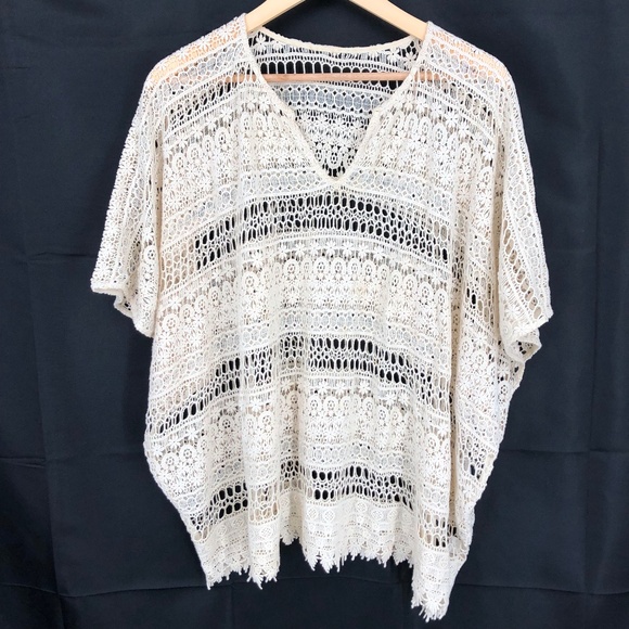 Cabi Womens Top Size Medium Cream Capri Crochet Top Oversized Sheer Boho V Beach - Picture 1 of 11